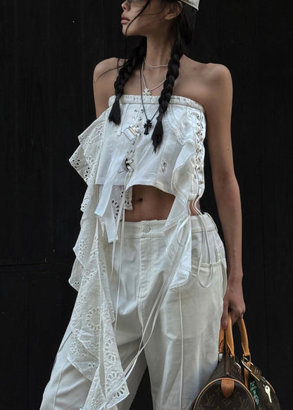 White Asymmetrical Hollow Out Cotton Tank Sleeveless