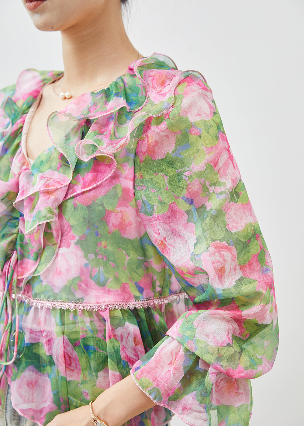 Green Ruffled Print Chiffon Shirts Spring