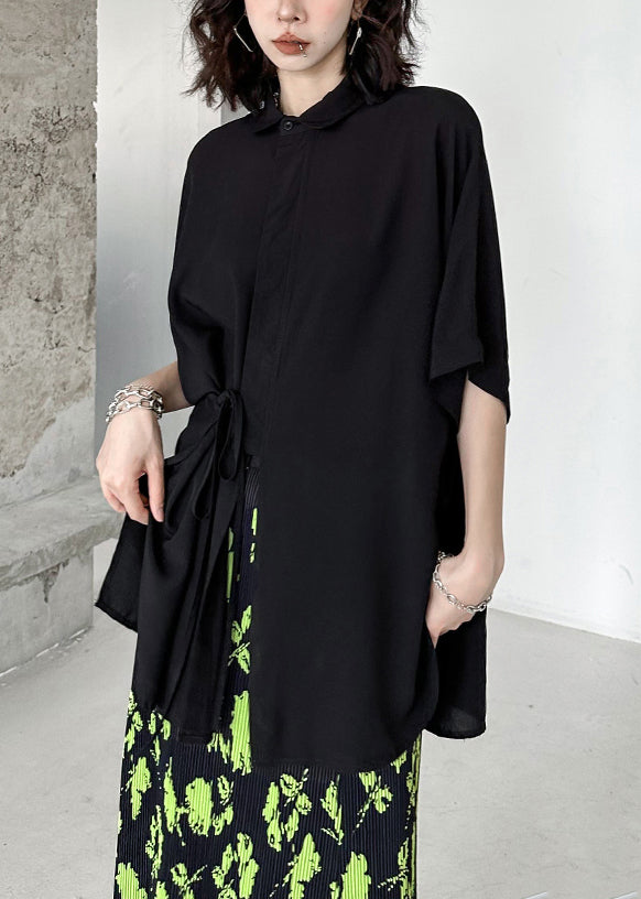 Black Asymmetrical Lace Up Patchwork Cotton Shirt Batwing Sleeve