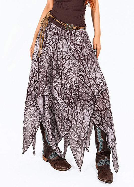 Dark Purple Print High Waist Tulle Maxi Skirt Summer