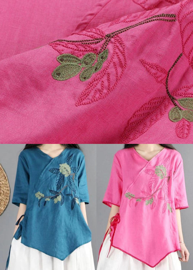 Simple Blue Asymmetrical Tie Waist Cotton Tops Half Sleeve