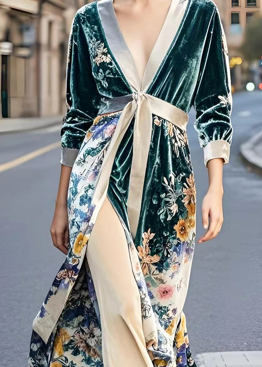 Peacock Green Cinched Print Side Open Silk Velour Dresses Spring