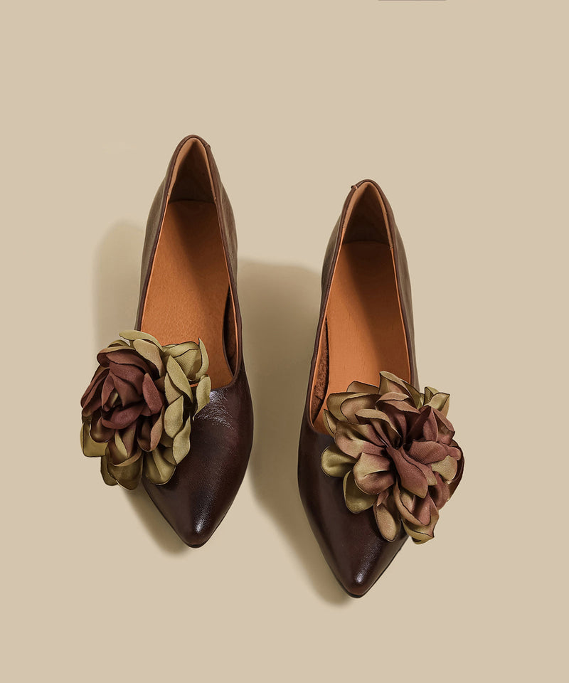 New Brown Flower Cowhide Leather Chunky Heel Shoes