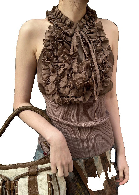 Coffee Ruffled Lace Up Knit Patchwork Tank Sleeveless