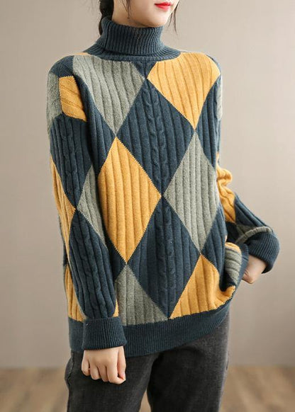 For Work Gray Blue Plaid Sweater Tops High Neck Oversized Sweaters