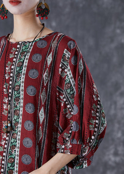 Dull Red Print Cotton Blouse Top Bracelet Sleeve