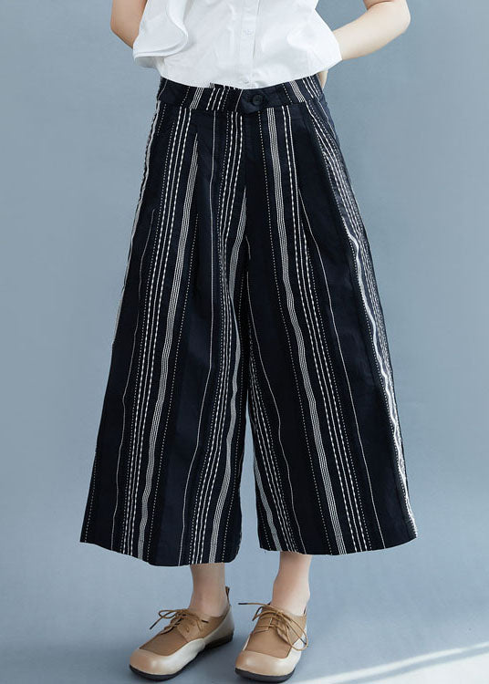 Black Striped Cotton Wide Leg Pants Spring