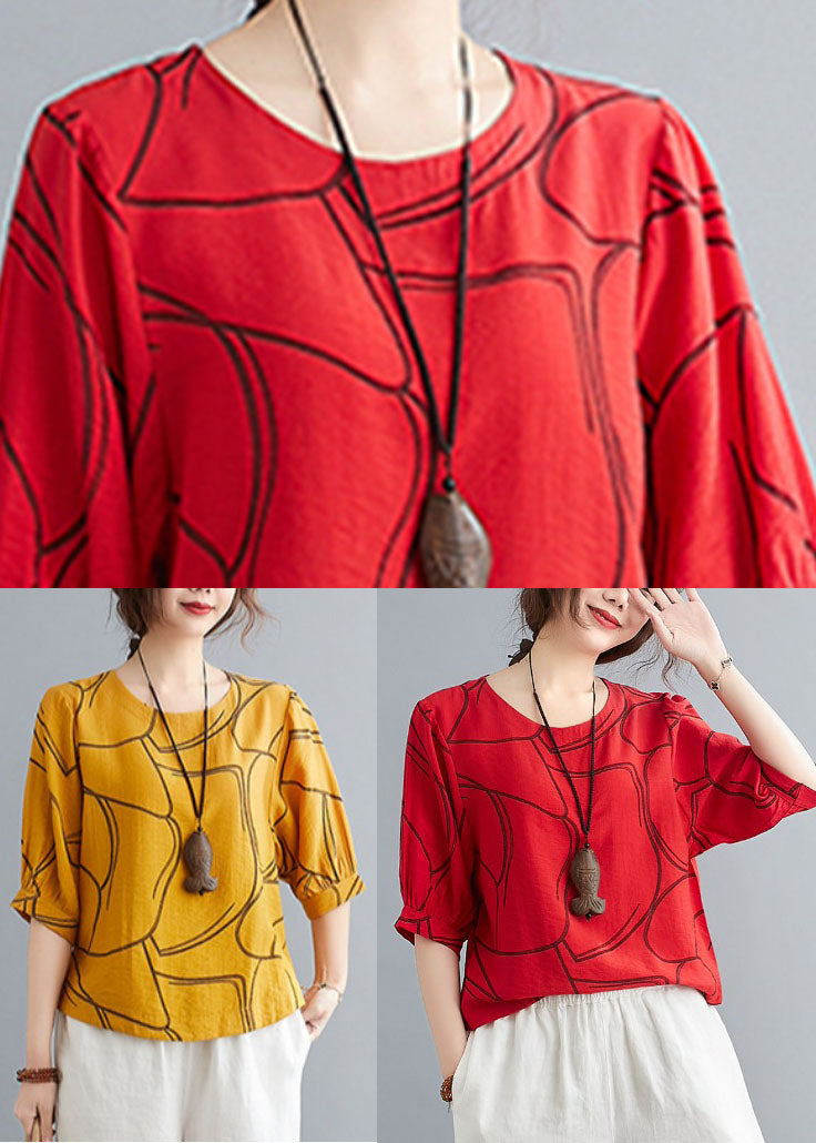 Loose Yellow O-neck Print Cotton Tank Tops Batwing Sleeve