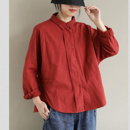 Unique Orange Red Tunic Top Lapel Button Down Spring Blouse