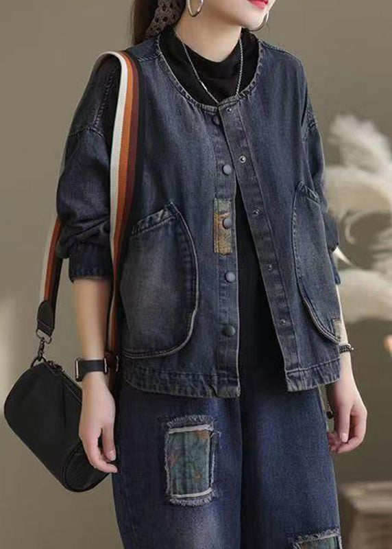 Classy Dark Blue O-neck Pockets Patchwork Denim Coats Long Sleeve