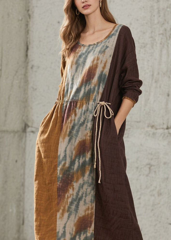 O Neck Print Lace Up Cotton Maxi Dresses Fall