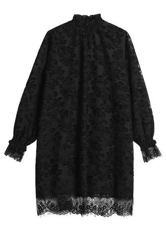Black Ruffled Hollow Out Lace Mid Dress Spring