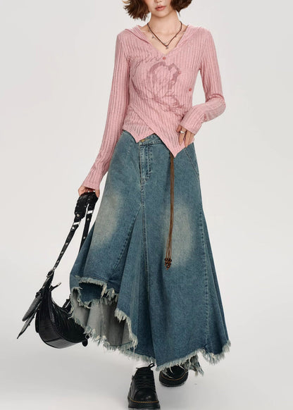 Diy Pink Asymmetrical Print Knit Tops Spring