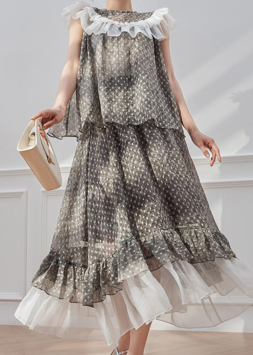 Natural Grey Dot Patchwork Shirt and Maxi Skirts Two Piece Set Summer