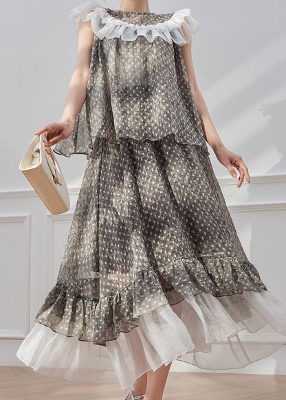Natural Grey Dot Patchwork Shirt and Maxi Skirts Two Piece Set Summer