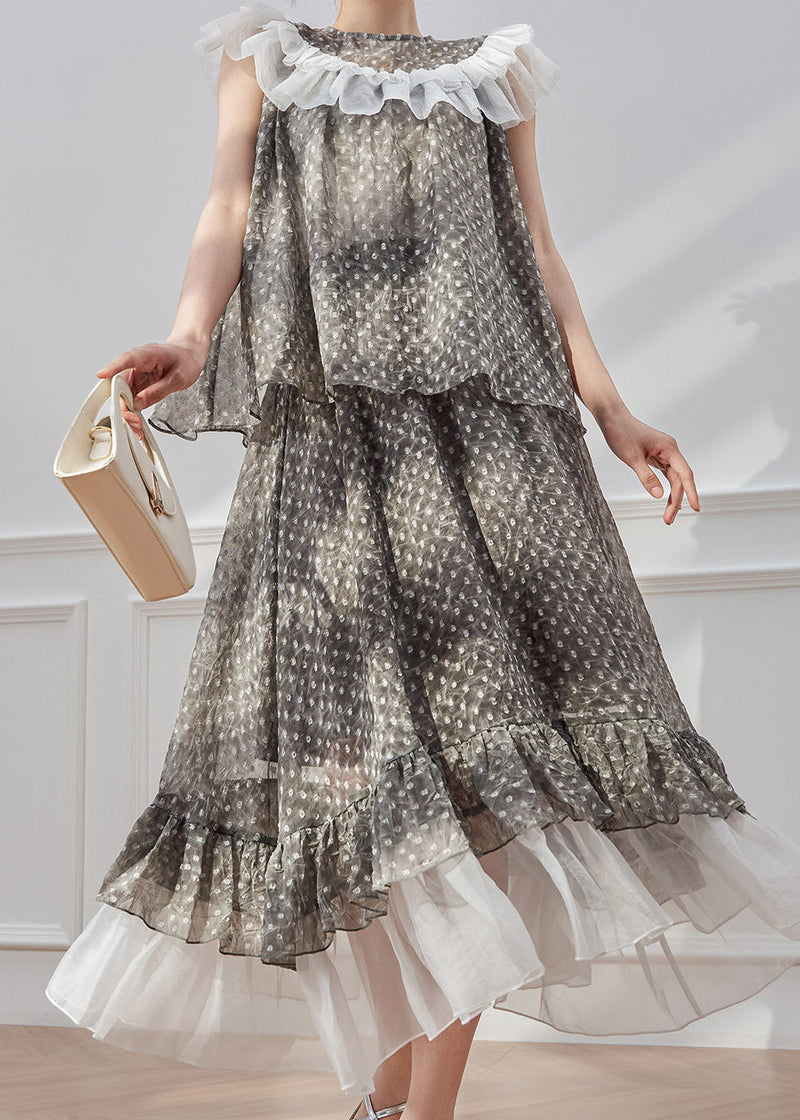 Natural Grey Dot Patchwork Shirt and Maxi Skirts Two Piece Set Summer