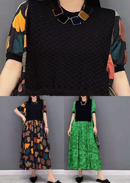 Green O-neck Print Waistcoat Patchwork Holiday Dress Short Sleeve