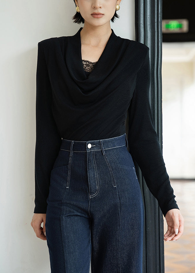 Slim Fit Black Lace Patchwork Wool T Shirts Fall
