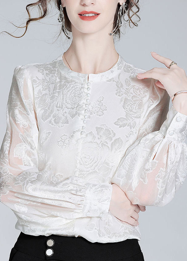 White O-neck Button Jacquard Slik Shirt Spring