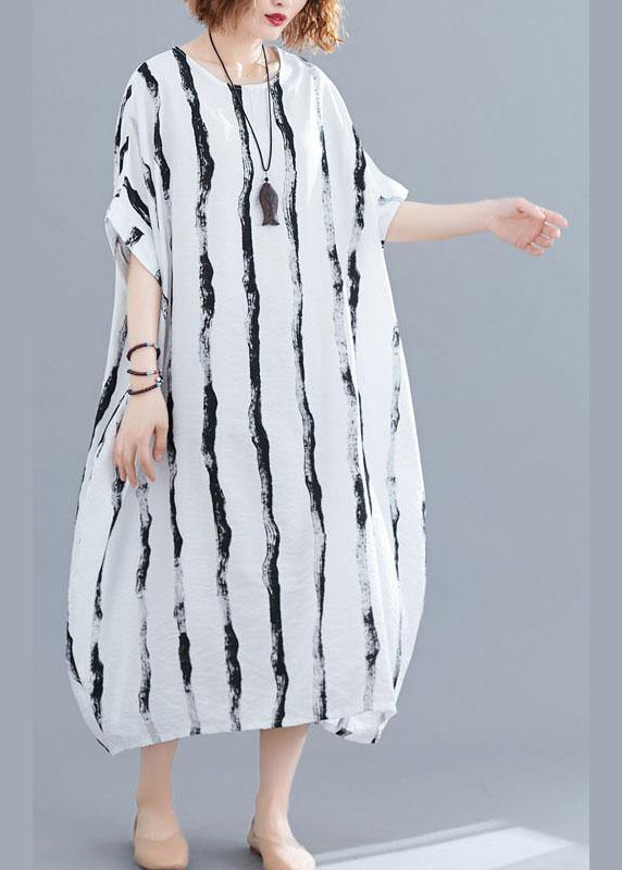 Fitted White O-neck Striped Summer Robe Dresses