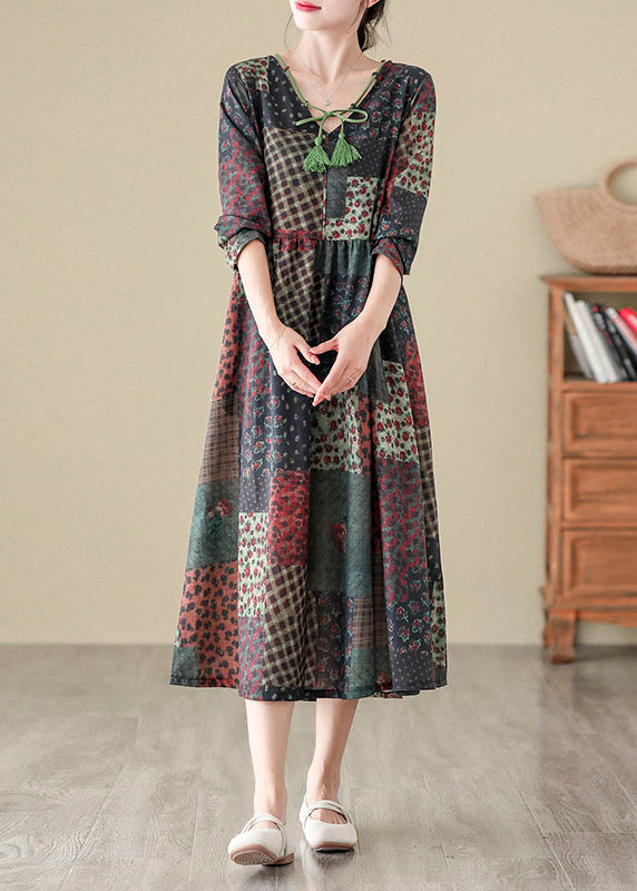 V Neck Print Patchwork Cotton Long Dress Fall
