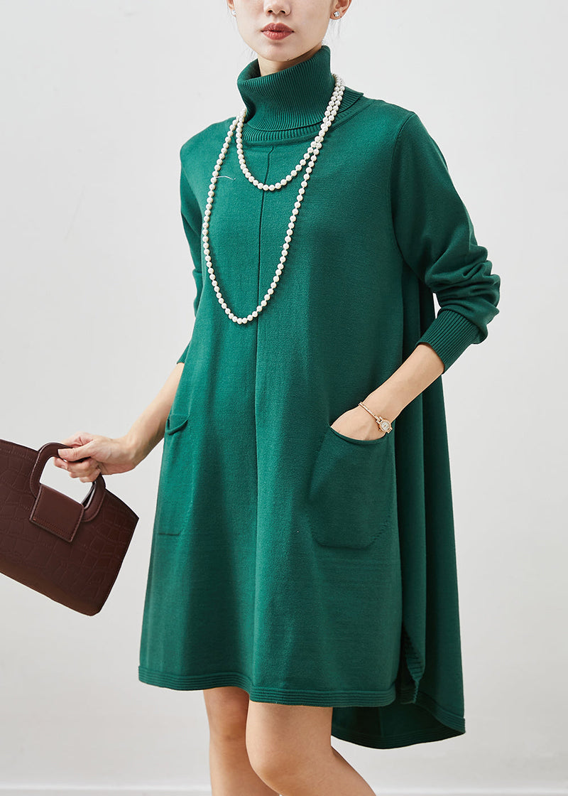 Blackish Green High Neck Pockets Cotton a Line Dresses Spring