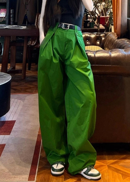 Style Green Pockets Cotton Wide Leg Pants Spring