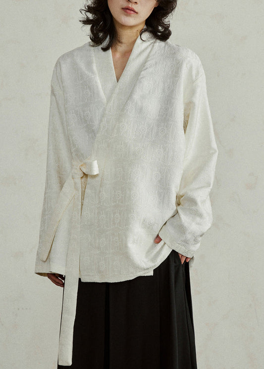 Jacquard Beige V Neck Top Long Sleeve