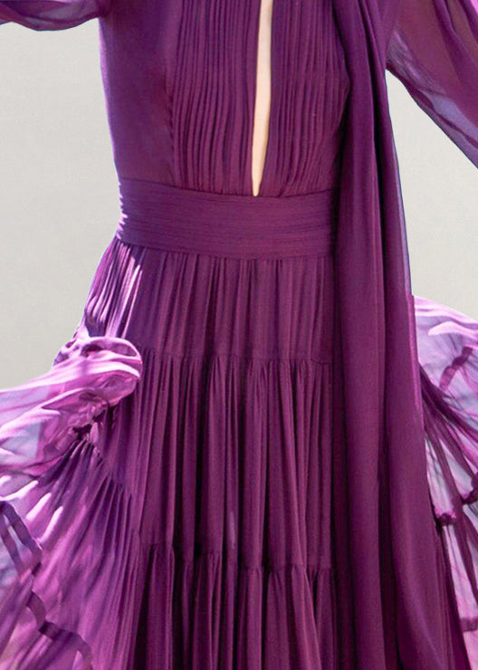 Purple Bow Wrinkled Hollow Out Chiffon Ankle Dress Fall