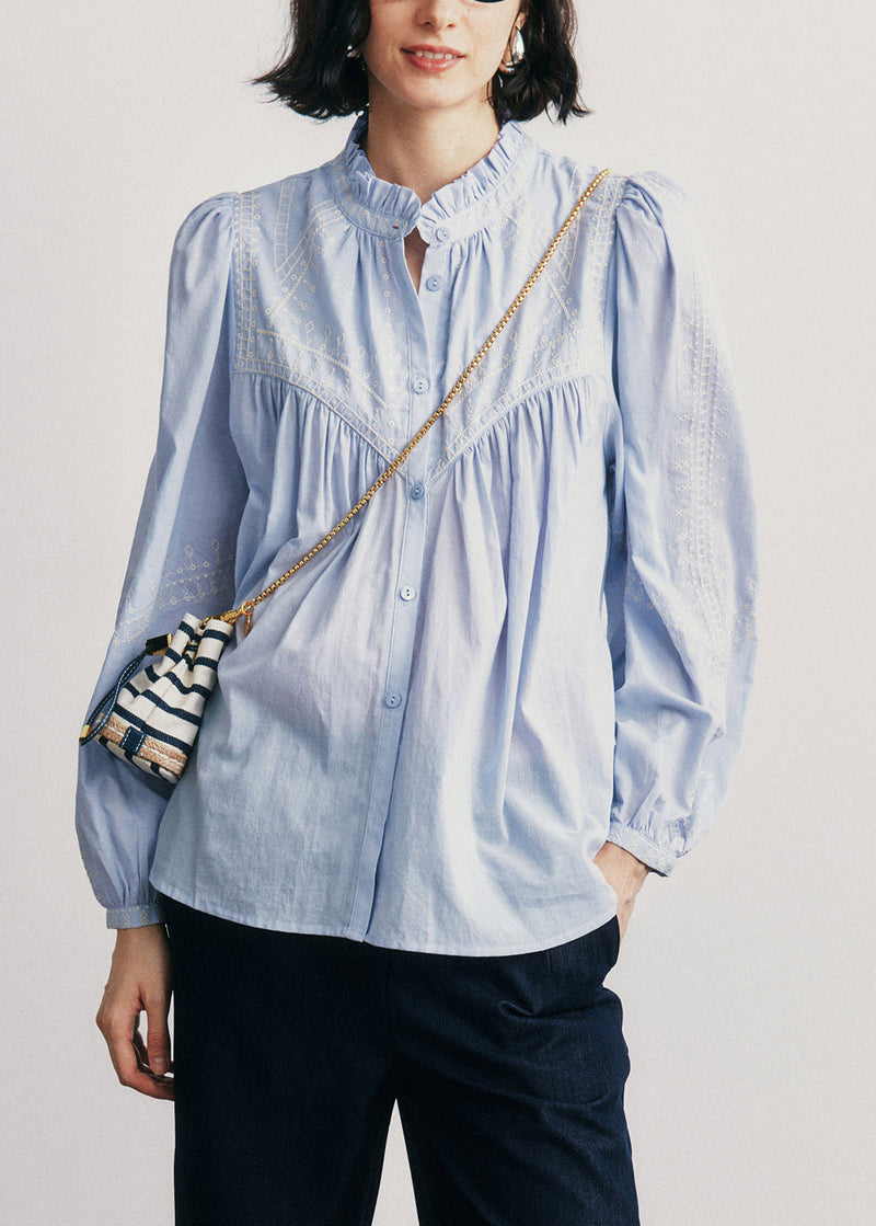 New Blue Ruffled Button Patchwork Cotton Shirts Top Fall