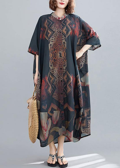 Classy Stand Collar Summer Dresses Ideas Black Abstract Pattern Long Dresses