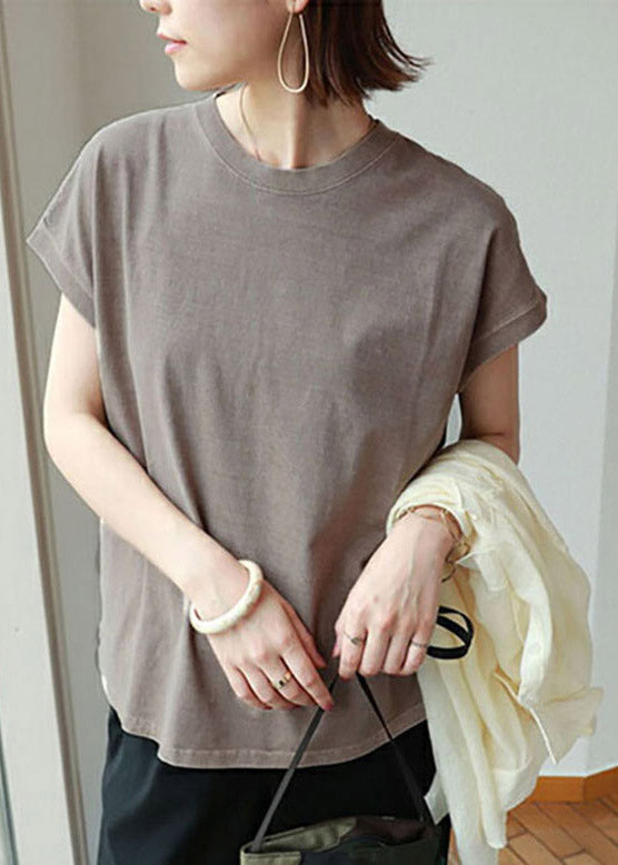 Brief Camel O-neck Side Open Cotton T Shirt Short Sleeve