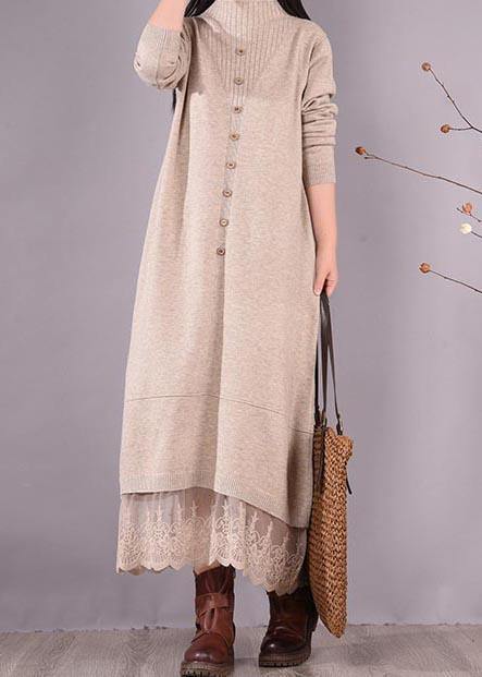 French O Neck Patchwork Lace Spring Clothes for Sewing Beige Robe Dresses