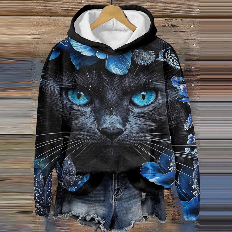 Abstract Creative Cat With Butterfly Print Casual Sweatshirt elevenforest