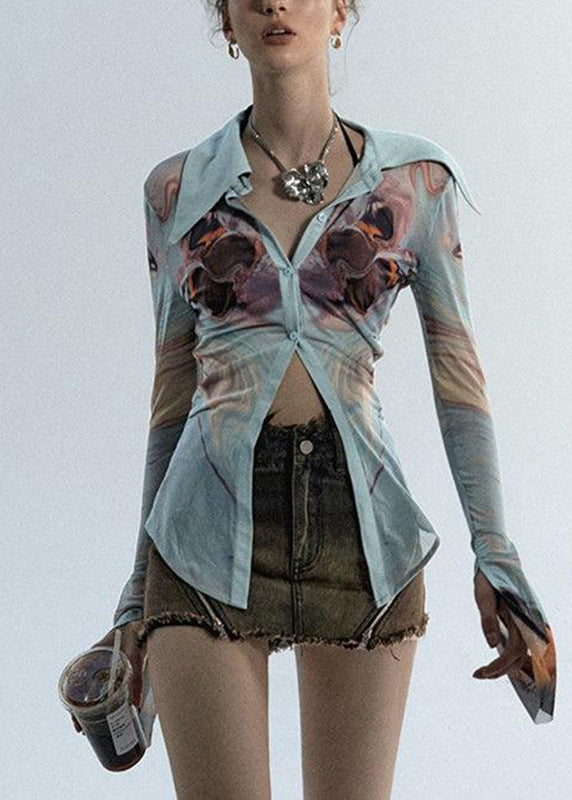 Haze Blue Peter Pan Collar Print Tulle Shirts Long Sleeve