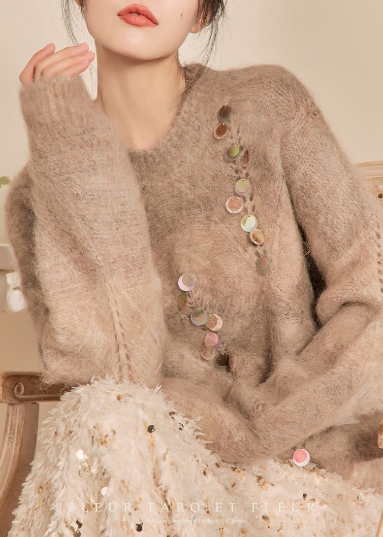 Camel O-neck Sequins Thick Cotton Knit Sweater Winter