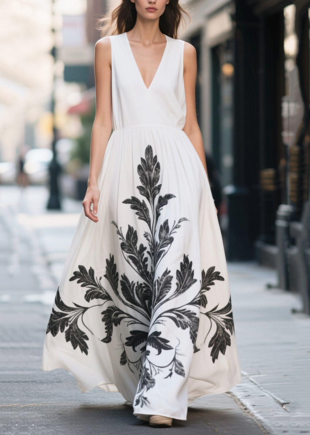 White Print Chiffon Vacation Dress Exra Large Hem Summer