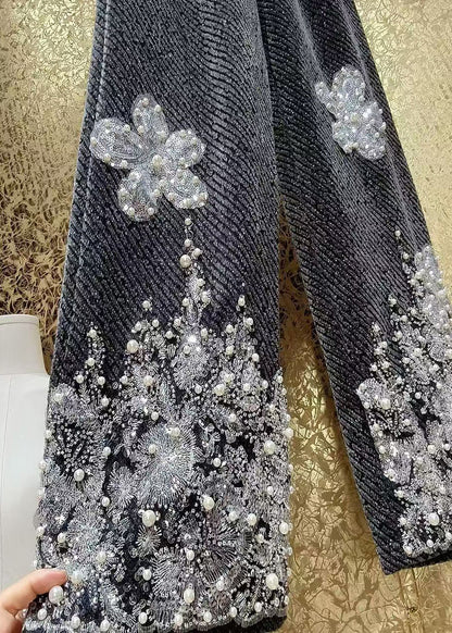 Sequin Flower Bead Embroidery Woolen Straight Leg Pants Winter