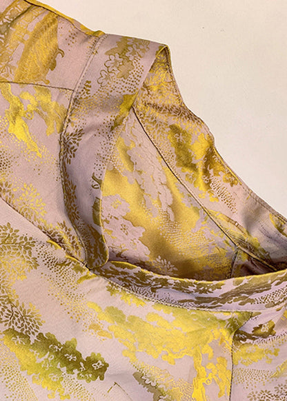 Yellow Mandarin Collar Button Jacquard Silk Top Lantern Sleeve