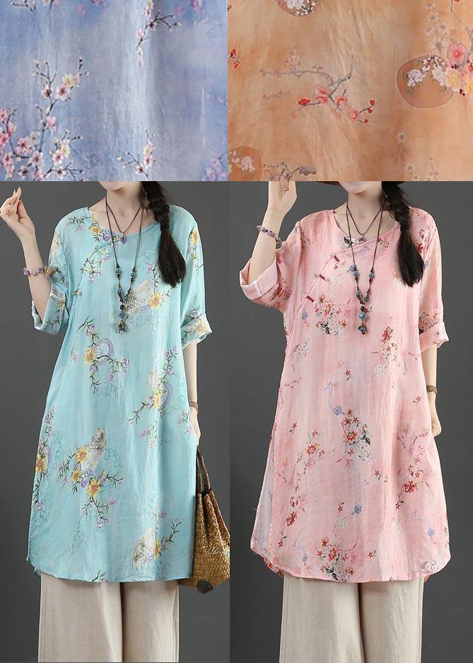Boutique Blue Print Half Sleeve Long Linen Summer Tops