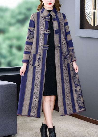 Grey Striped Side Open Button Patchwork Woolen Coats Fall