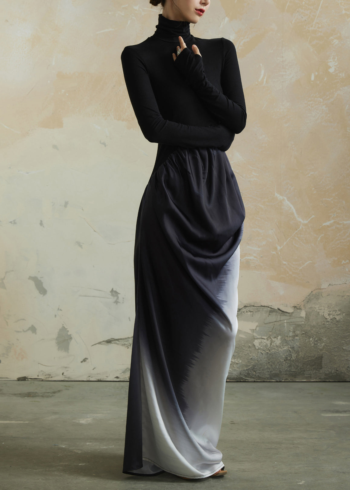 Black Hign Neck Wrinkled Patchwork Cotton Dress Fall