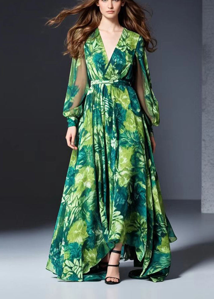 Green V Neck Print Chiffon Dresses Spring