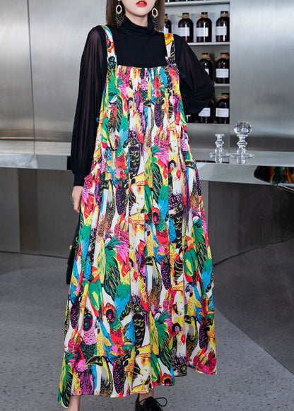 Classy Colorblock Print Silk Spaghetti Strap Dress Spring