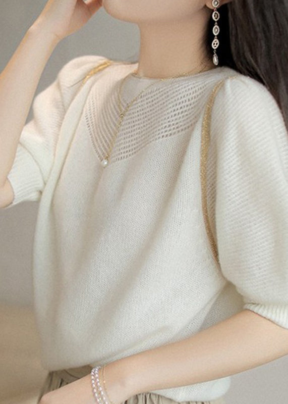 White O-neck Hollow Out Wool Sweaters Puff Sleeve