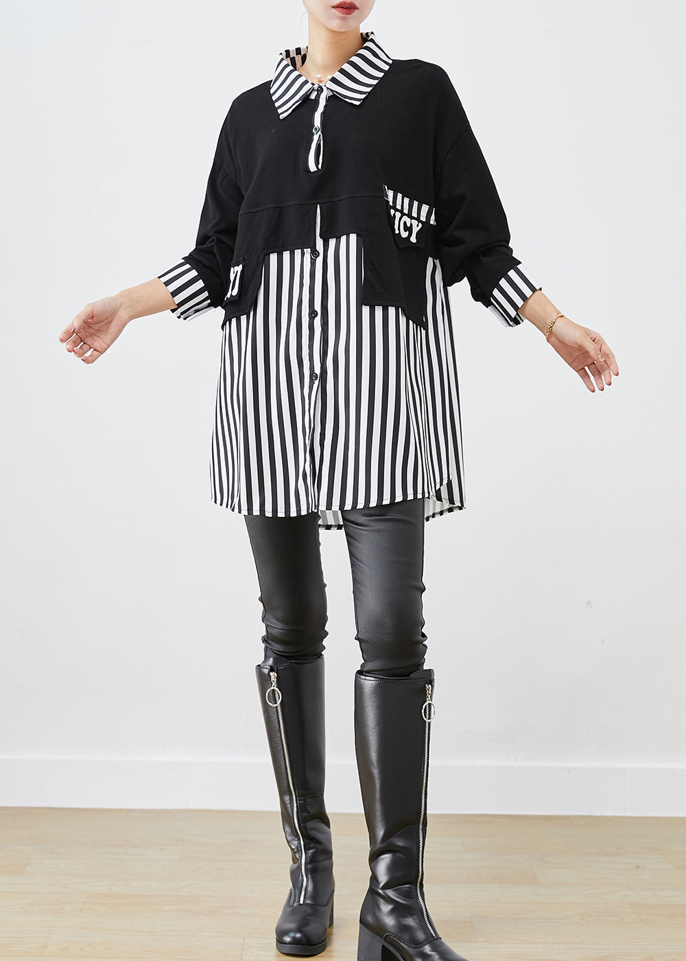 Black Oversized Patchwork Striped Cotton Sweatshirts Top Fall