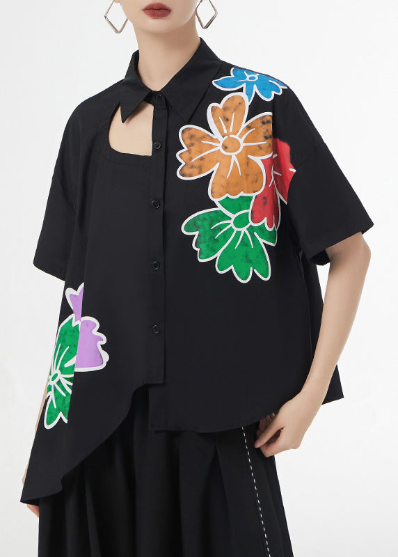 Black Asymmetrical Print Patchwork Cotton Shirts Short Sleeve