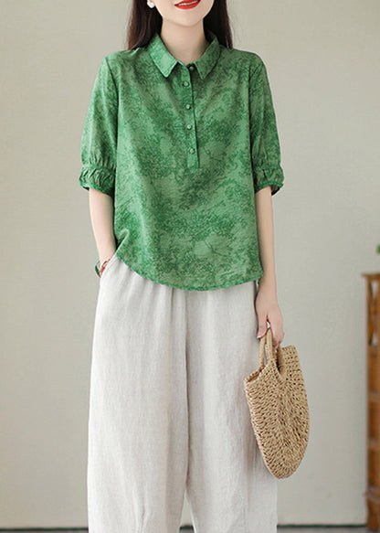 Green Print Cotton Shirts Peter Pan Collar Summer