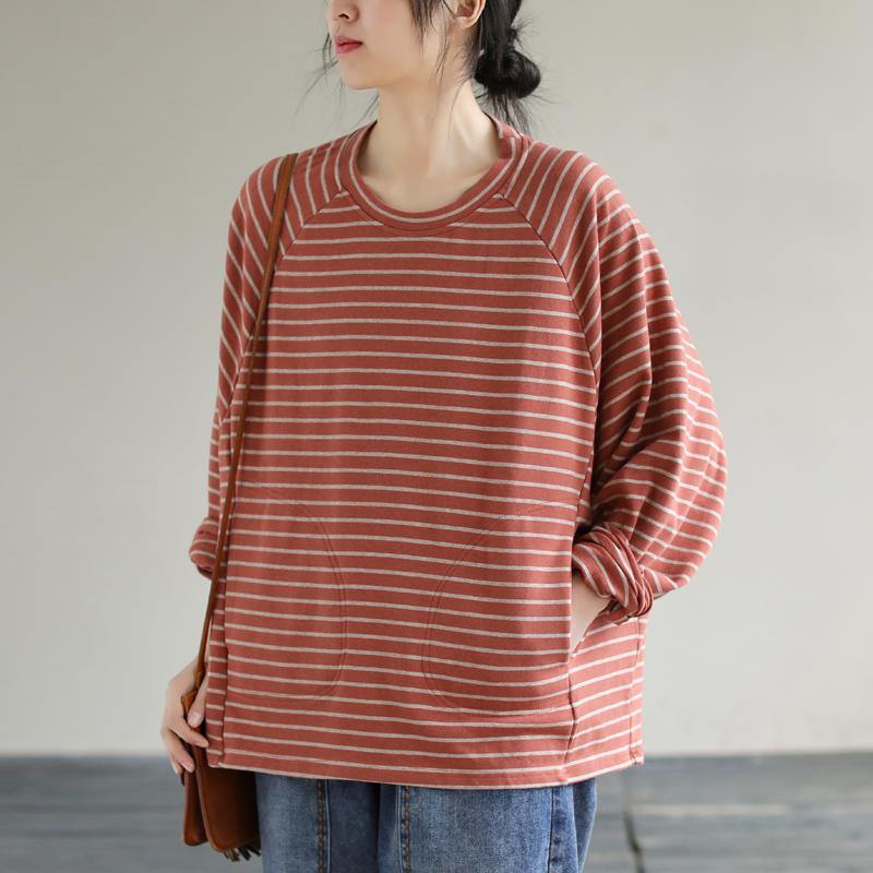 Diy Red Cotton Crane Tops Striped Cotton Spring Sweatshirt