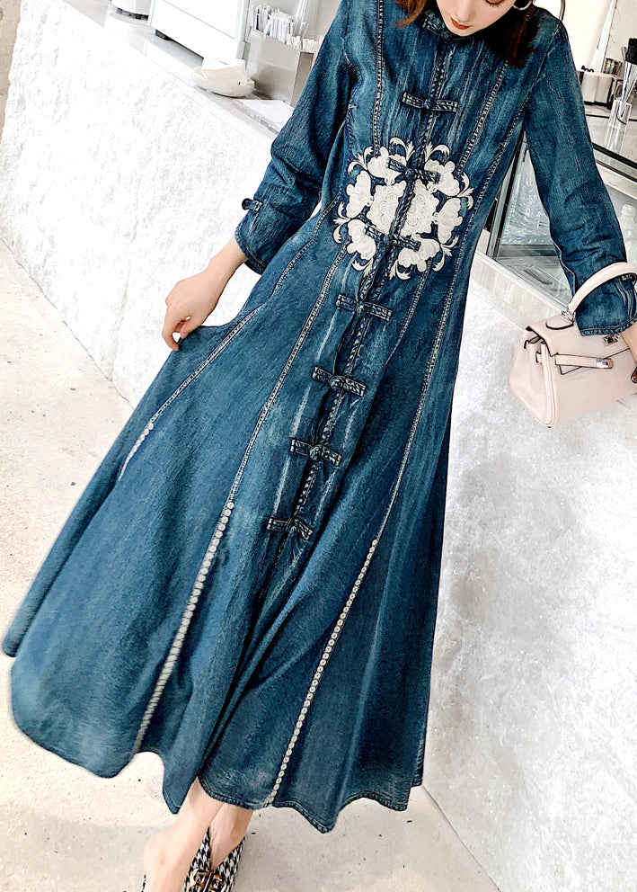 Chinese Style Blue Stand Collar Embroideried Patchwork Denim Dress Fall
